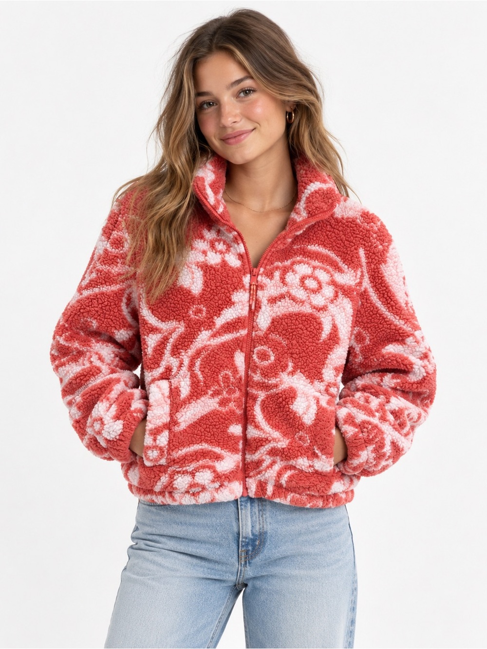 American Eagle Seriously Huggable Floral Sherpa Jacket Coral Pink XS/S